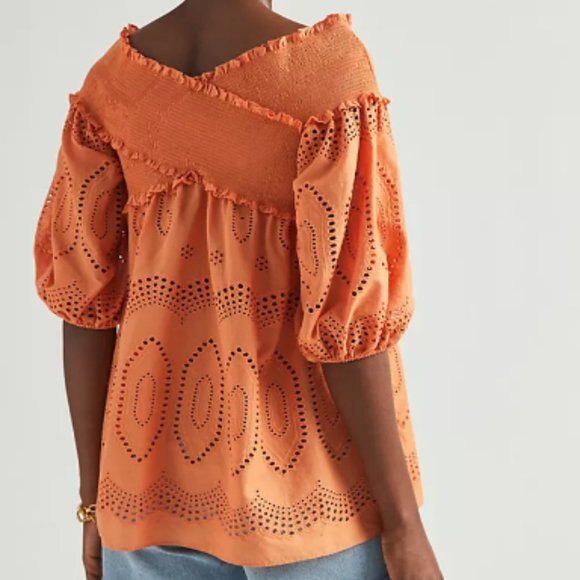 Orange Anthropologie Eyelet Smocked Blouse Top (NWT) - Picture 3 of 4